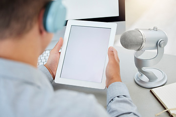 Image showing Mockup on tablet, microphone or man on a podcast, online radio or or live streaming on broadcast network. Influencer host, mockup space or reporter reading or speaking of digital news blog on screen