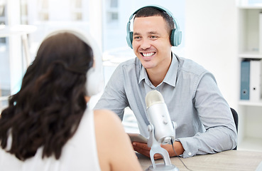 Image showing Laughing, happy man or woman live streaming podcast or online radio on social media broadcast together. Funny influencer, teamwork or journalist reporters listening, discussion or speaking of comedy