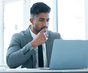 Image showing Laptop, corporate and a business man thinking while working on a report in his professional office. Computer, idea and a young male employee contemplating or planning a project in the workplace