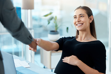 Image showing Pregnant business woman, hand shake and office with man, welcome or hiring in finance company. Female HR manager, shaking hands and interview for recruitment with smile, respect and touching stomach