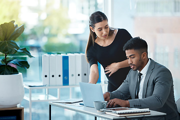 Image showing Pregnant business woman, man and talk in office with typing, coaching or project in finance company. Businesswoman, accounting or partnership with pregnancy, planning or teamwork with hand on stomach