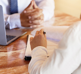 Image showing Hands, notebook and writing with a human resources meeting for a job opportunity or vacancy. Flare, interview and recruitment with an hr manager hiring a candidate for business growth or development