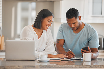 Image showing Couple, kitchen and paperwork for budget, finance or smile with laptop, phone and writing notes in home. Man, woman and documents with notebook, mortgage or computer for tax, compliance or investing