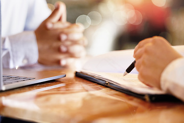 Image showing Hands, notebook and writing with a human resources interview for a job opportunity or vacancy. Flare, hiring and recruitment with an hr manager meeting a candidate for business growth or development