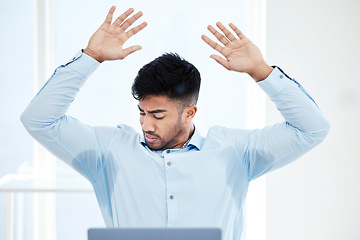 Image showing Professional, man and sweat on shirt at the office with anxiety stress as an entrepreneur. Male person, armpit and sweating on body is working at a desk with worry, pressure and heat at a company.