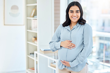 Image showing Happy, business and portrait o pregnant woman in office for professional, pride and entrepreneur. Creative, career and happiness with female employee for maternity, pregnancy and motherhood