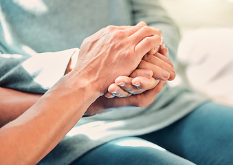 Image showing Holding hands, care and caregiver with senior woman for support and trust in a nursing home for people in retirement. Nurse, help and elderly patient with a professional for medical and cancer advice