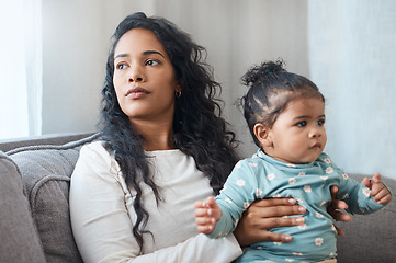 Image showing Mental health, mother with her baby and on sofa waiting for a doctor with a lens flare. Depression or disconnect, postpartum, anxiety or counseling and woman with her child wait on a therapist