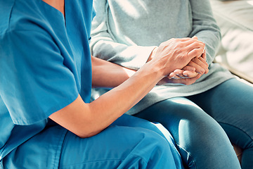 Image showing Holding hands, support and nurse with senior patient for care and trust in a nursing home for people in retirement. Caregiver, help and elderly woman or person with medical and cancer advice