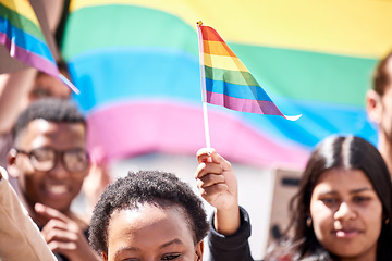 Image showing Pride, lgbtq and flag with people in protest for freedom, support and gay rally. Rainbow, society and community with crowd of protesters marching in city or equality, gender identity and celebration