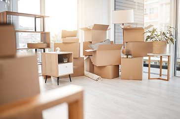 Image showing Moving, new home and cardboard boxes for packing house with furniture, living room decorations and apartment space. Household, packed box and empty property to rent, buy or own with modern interior