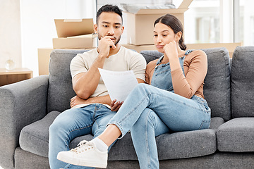 Image showing Couple reading letter, house foreclosure and financial crisis, debt and stress with moving to new property. People with note from bank, recession and final notice of eviction with real estate problem