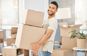 Image showing Portrait, smile and man with boxes, moving and new house with property, management and growth. Face, male person and guy with happiness, mortgage and cardboard with investment, success and relocation