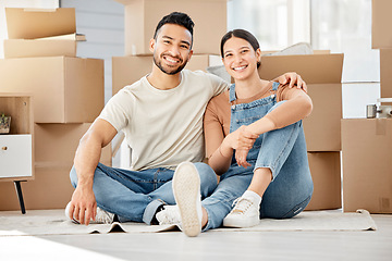 Image showing Happy, moving and box with portrait of couple in living room of new home for investment, property or support. Real estate, packing and goal with man and woman in apartment for rent, homeowner or love