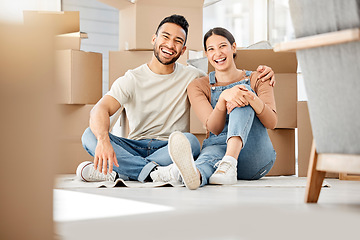 Image showing Relax, moving and box with portrait of couple in living room of new home for investment, property or support. Real estate, packing and goal with man and woman in apartment for rent, homeowner or love