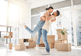 Image showing Happy, moving and hug with couple in new home for celebration, property and relocation. Excited, love and real estate with man and woman in living room apartment for investment, rent and homeowner