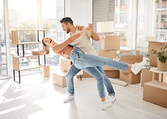 Image showing Celebration, dance and couple with boxes, property and excited with rent apartment, mortgage and home. Cardboard, man and woman dancing, real estate and moving with love, quality time and romance