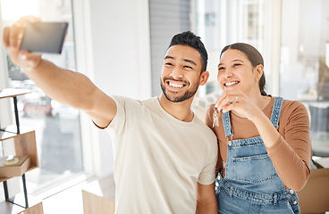 Image showing Selfie, new home and happy couple, keys and mortgage success, live stream apartment or real estate. Property investment, moving house and excited women with partner, photography and profile picture