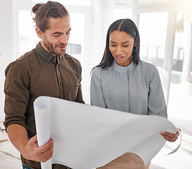 Image showing Architect, teamwork and couple with blueprint for planning at construction site. Document, architecture and happy man and woman with design for engineering, building plan and reading project strategy