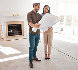 Image showing Architect, collaboration and couple with blueprint for planning at construction site. Document, architecture and happy man and woman with design for engineering teamwork, building and reading plan.