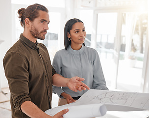 Image showing Teamwork, architecture and couple with blueprint for planning at construction site. Document, architects collaboration and man and woman with design for engineering, building plan or project strategy