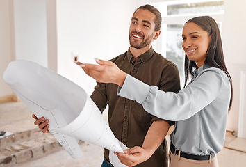 Image showing Teamwork, architect and couple with blueprint at construction site for planning. Document, architecture and happy man and woman with design for engineering, building plan and collaboration on project