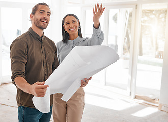 Image showing Architects, teamwork and couple with blueprint for planning at construction site. Document, architecture and happy man and woman with design for engineering collaboration, building and illustration.