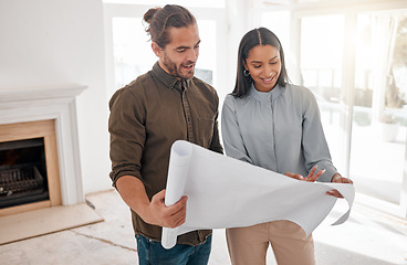 Image showing Architecture, collaboration and couple with blueprint at construction site for planning. Document, architects and happy man and woman with design for engineering teamwork, building plan and reading.