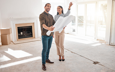 Image showing Architect, teamwork and couple with blueprint for planning at construction site. Design, architecture and happy man and woman with drawing for engineering, building plan and project strategy in home.