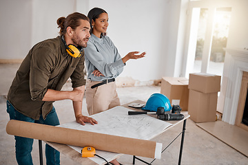 Image showing Teamwork, architecture and couple with blueprint in new home, property or construction site. Document, architects and man and woman with design for engineering, building and planning for real estate.