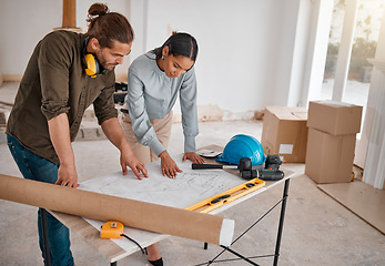 Image showing Teamwork, architect and blueprint for planning at construction site. Collaboration, architecture and man and woman with design drawing for engineering, building plan and reading project strategy.