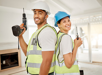 Image showing Couple, workers and portrait with construction tools, maintenance equipment and working contractor for renovation. People, back together and smile for home building, interior design or diy project