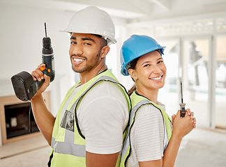 Image showing Workers, couple and portrait with construction tools, maintenance equipment and working contractor for renovation. People, back together and smile for home building, interior design or diy project