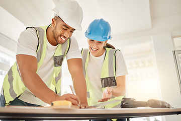 Image showing Engineer, construction and team working at table for maintenance, architecture or carpentry. Man and woman talking, laughing and writing or measuring with handyman tools for teamwork and planning