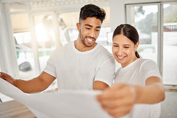 Image showing Home, building plans and couple with a smile, real estate and property with future, ideas and discussion. Happy, man or woman with documents, mortgage and planning with a new house, growth and design