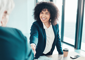 Image showing Business people, staff and handshake in meeting, collaboration and agreement with negotiation. Woman, employee or coworkers shaking hands, cooperation or teamwork with partnership, smile and contract