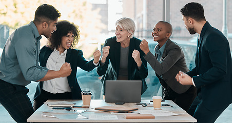Image showing Meeting, success and motivation with a business team in the boardroom in celebration of a target or goal. Corporate, wow and support with a group of corporate colleagues cheering in their office