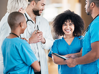 Image showing Woman, portrait and group of nurses in discussion, consultation or happy medical collaboration with doctors. Face, smile and nurse working with people, team and healthcare workers in hospital