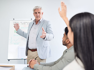 Image showing Questions, presentation and business man, leader or manager on whiteboard, mentorship and solution or ideas. Yes, conversation and people, CEO and employees hand in air for work meeting or learning