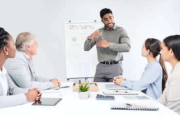 Image showing Presentation, man speaker and business meeting with team, market research and economy strategy workshop. People at training seminar, leadership and brainstorming collaboration at finance firm