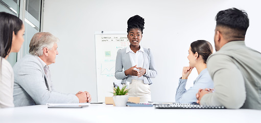 Image showing Presentation, black woman speaker and team in business meeting, market research and economy strategy workshop. People at training seminar, leadership and brainstorming collaboration at finance firm