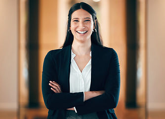 Image showing Portrait, smile and arms crossed with a corporate business woman in her professional workplace. Happy, mindset and confident with a happy female employee standing in her office wearing a power suit