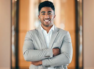 Image showing Portrait, accountant and business man with arms crossed in company office. Confidence, face and happy professional, entrepreneur or auditor from India with pride for career, job and success mindset.