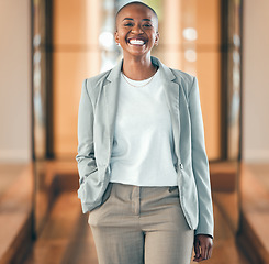 Image showing Portrait, lawyer and black woman smile for business in company office. Confidence, law and happy professional, entrepreneur or attorney in South Africa with pride for career, job and success mindset