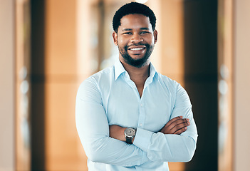 Image showing Portrait, business and black man with arms crossed, smile and corporate career with success, startup and professional. Face, male person and employee with happiness, consultant and agent with growth