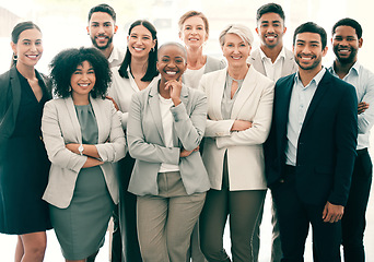 Image showing Group, diversity and portrait of team in business together with arms crossed at work, company teamwork and collaboration in the workplace. People, face and happy working in professional office