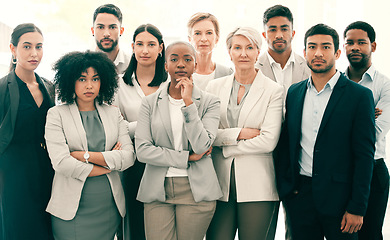 Image showing Teamwork, arms crossed and portrait of business people in office for professional, support and diversity. Solidarity, mission and corporate with group of employees for collaboration and partnership