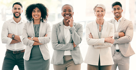 Image showing Portrait, lawyers and group of business people with arms crossed in office. Confidence, team and happy employees, men and women, attorneys and collaboration for diversity, solidarity or cooperation