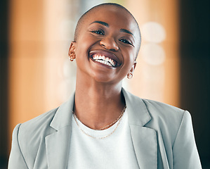 Image showing Portrait, accountant and happy black woman for business in company office. Face, smile and professional, entrepreneur and auditor from South Africa with pride for career, job and success mindset.