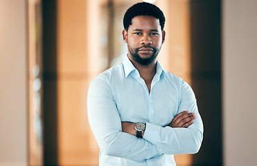 Image showing Portrait, accountant and serious black man with arms crossed for business in company office. Face, confident and professional, entrepreneur and auditor from South Africa with pride for success mockup